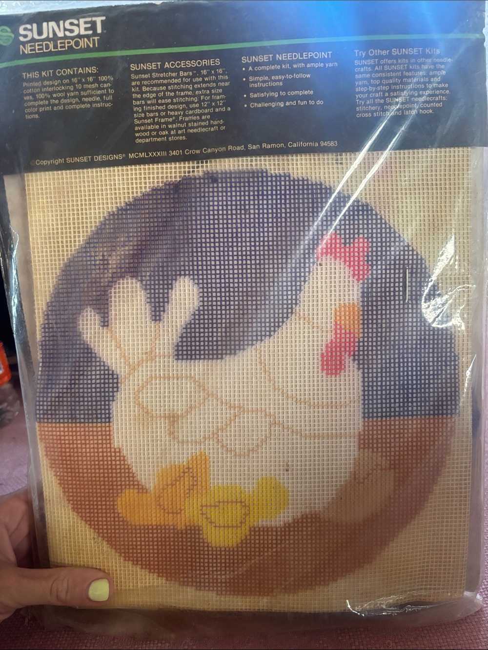 SUNSET Needlepoint Gingham Hen Pillow Kit - Cream, Navy, Yellow - Picture 5 of 5